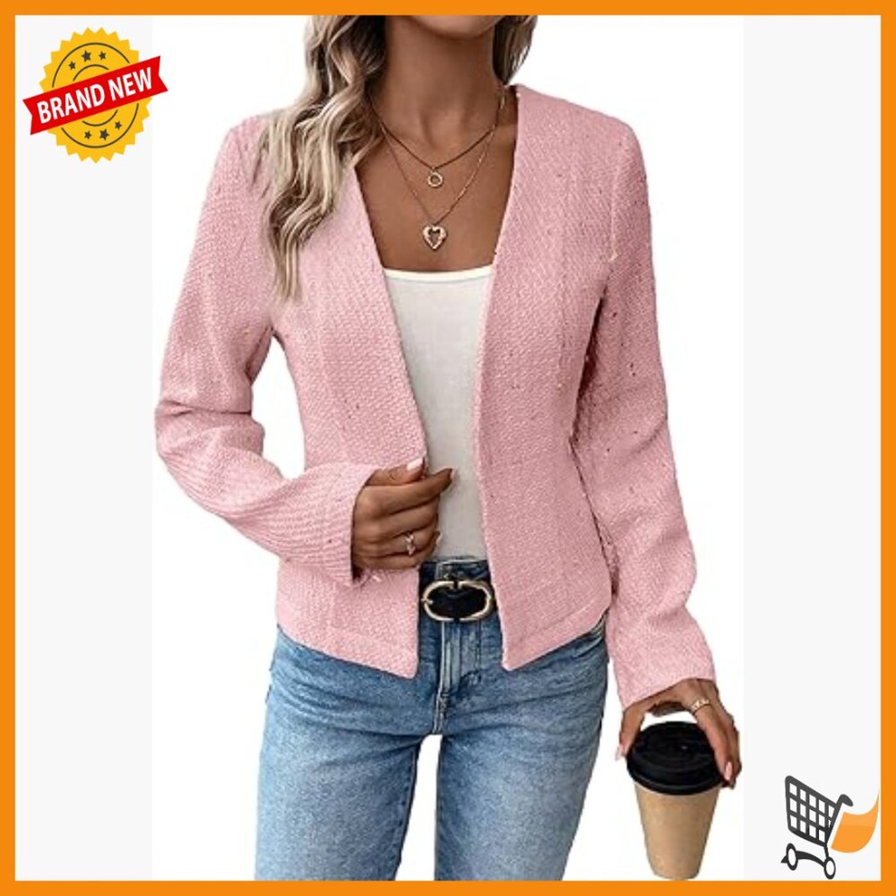 Tweed Blazer Jacket Collarless Open Front Slim Fit Work Casual Coat